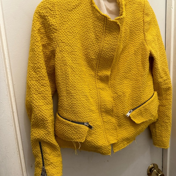 ZARA Academia Clueless Yellow Tweed Cotton Linen Zip Up Cropped Blazer large (M) - Picture 1 of 12